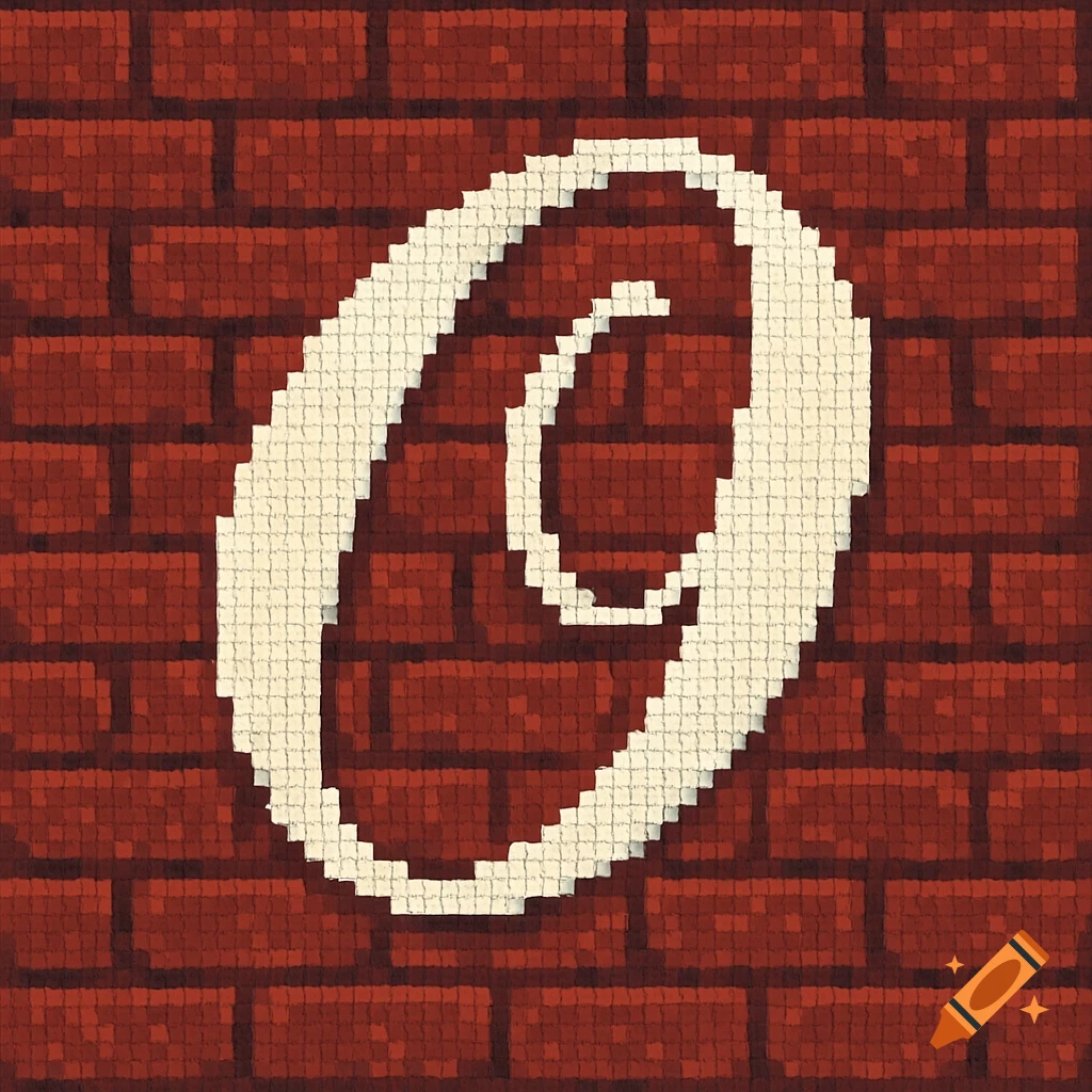 A white pixel art cursive capital letter 'O' on a red brick wall.