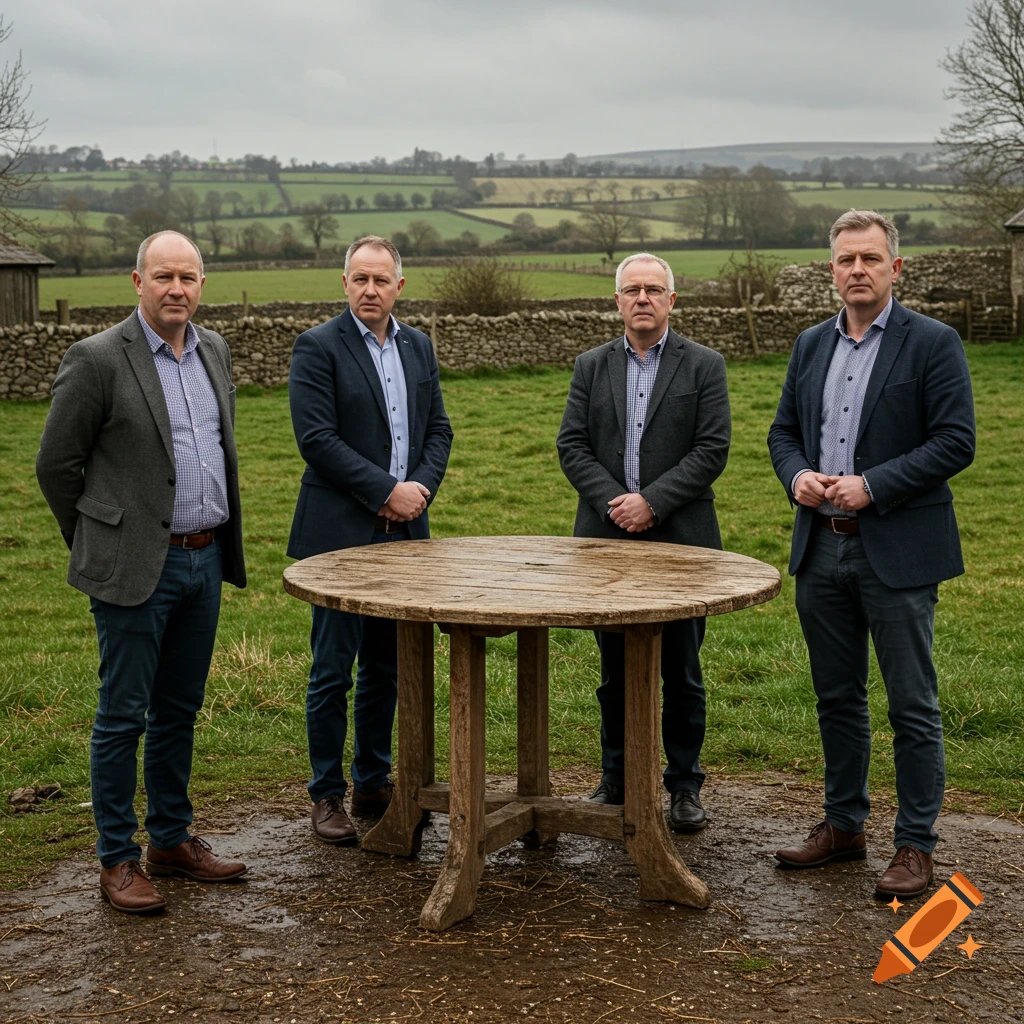 Four men in business casual attire stand around a rustic wooden table in an overcast rural farmyard with fields and stone walls.