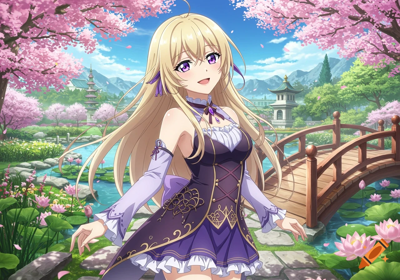 An anime girl with long blond hair and a purple outfit smiles in a Japanese garden with pink cherry blossoms, a wooden bridge, and water lilies.