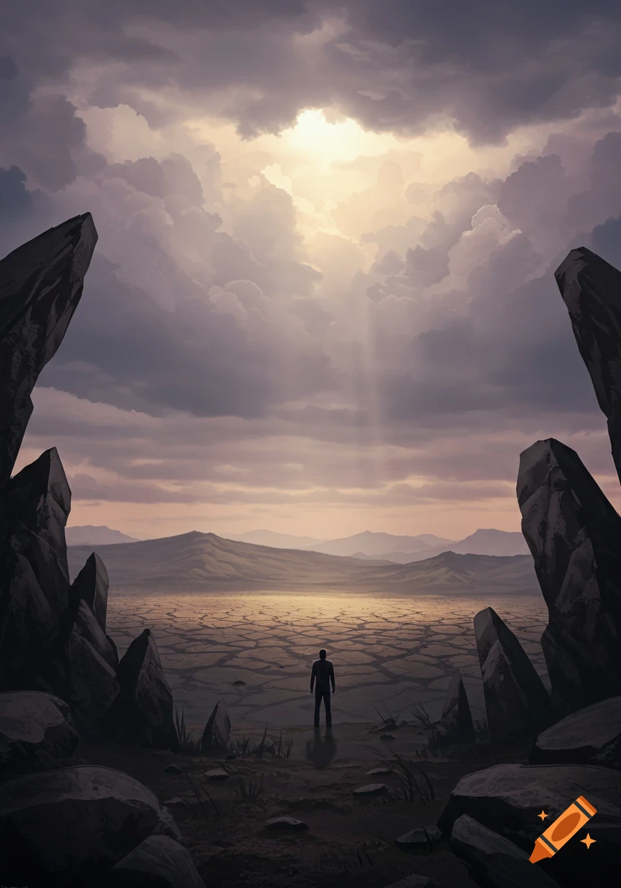A lone figure stands on cracked earth, looking up at a dramatic sky with sun rays breaking through clouds, framed by dark rock formations. Digital art.