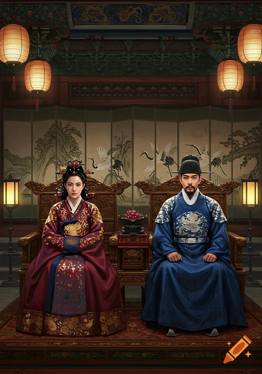 A Korean king in blue and queen in red, in traditional attire, sit on wooden thrones within a richly decorated palace.