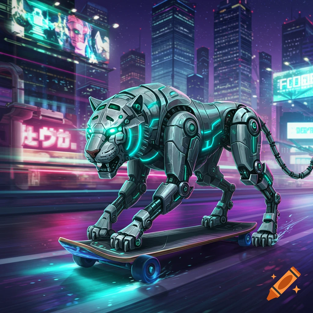 A stylized robot tiger with glowing teal accents rides a skateboard through a neon-lit cyberpunk city at night.
