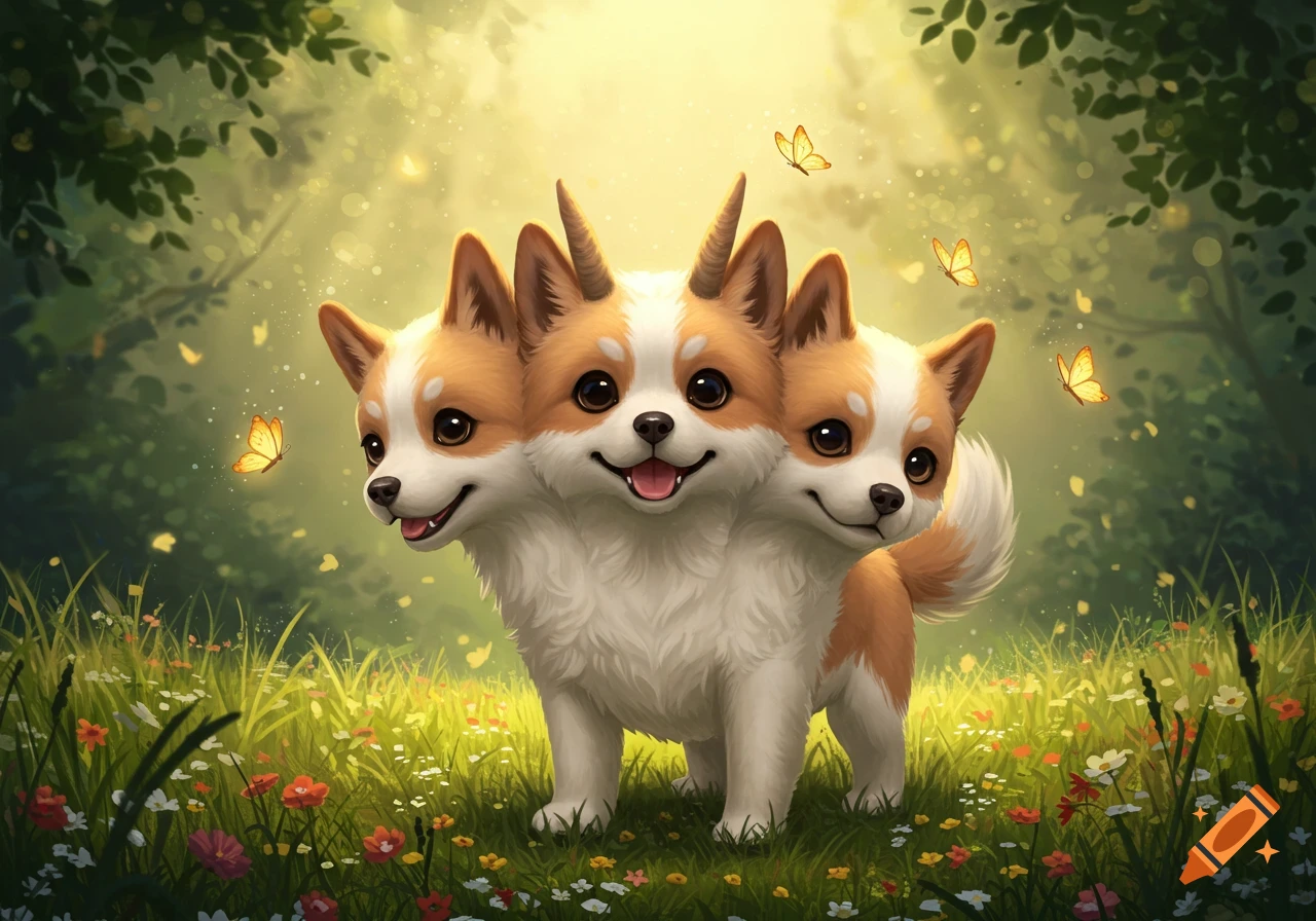 A cute, three-headed, corgi-like creature with two small horns on its middle head smiles happily in a lush, sunlit meadow with wildflowers and butterflies.