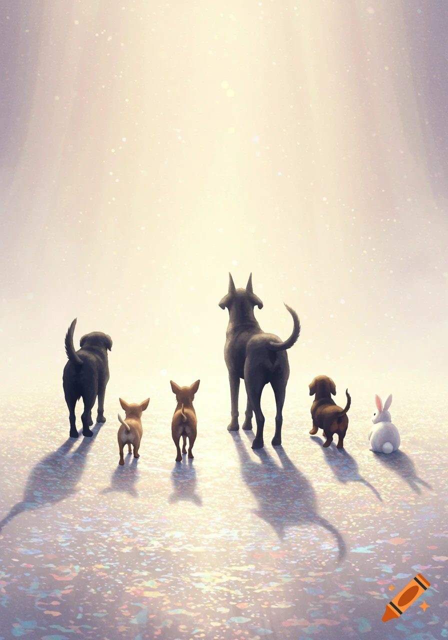 Five dogs and a white bunny walk away from the viewer on a shimmering, glowing surface under a bright sky.