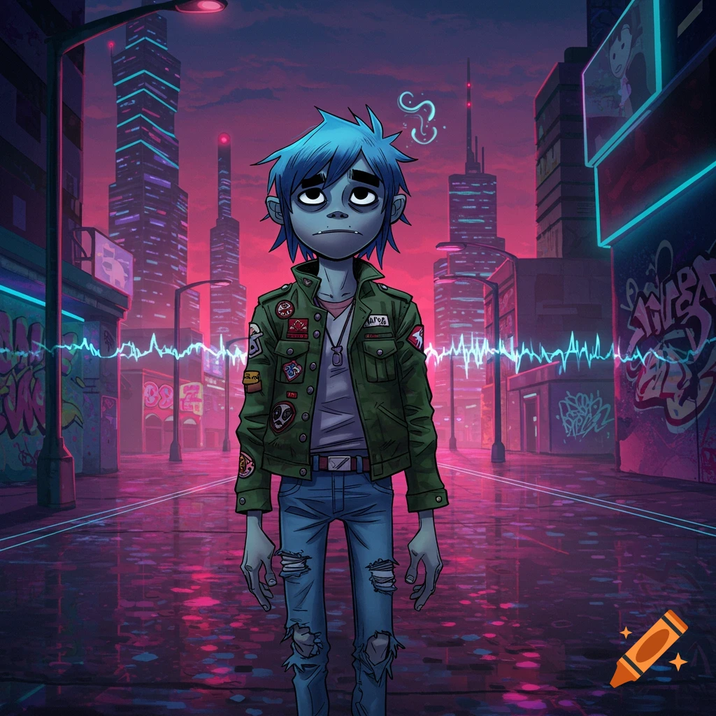 Cartoon character 2-D from Gorillaz stands in a rain-slicked, neon-lit cyberpunk city at dusk.