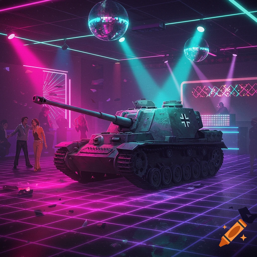 A military tank on a neon-lit disco dancefloor under disco balls and bright pink and teal lights, with people dancing in the background.