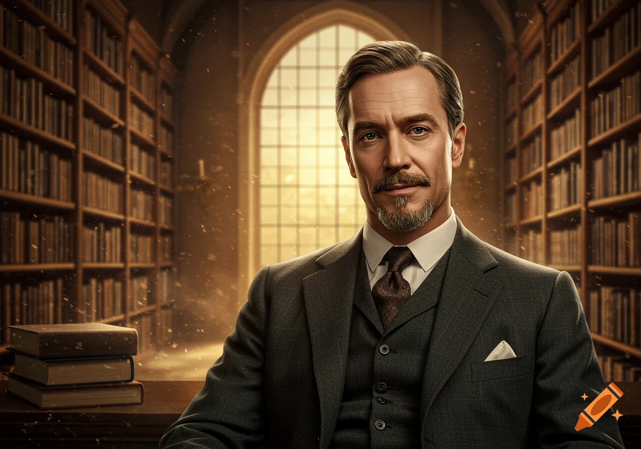 Photorealistic portrait of a distinguished man in a suit with a mustache and goatee, sitting in a grand library with bookshelves and an arched window.