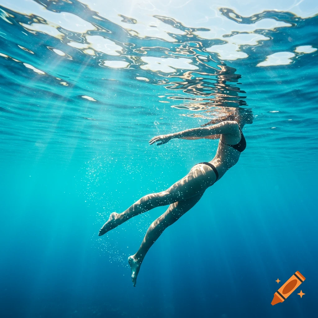 Person swimming underwater in a bikini, with light rays filtering through the water from above.