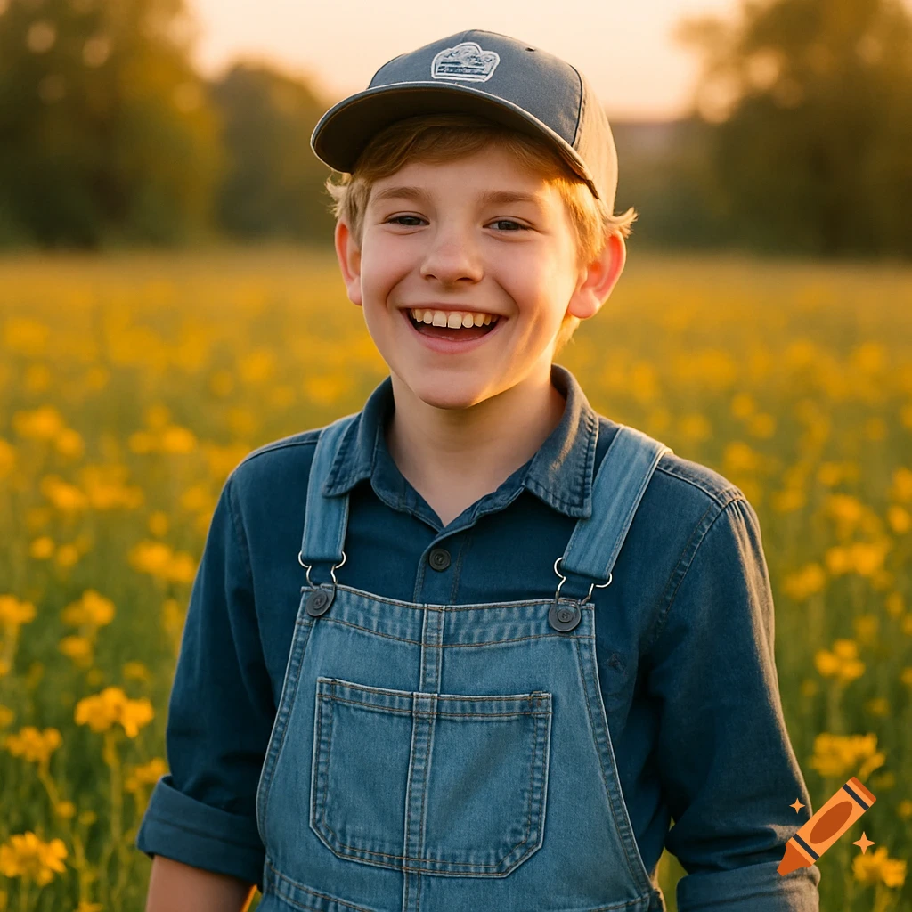 A young boy with blonde hair and a baseball cap smiles broadly in a sunny field of yellow wildflowers, photorealistic.