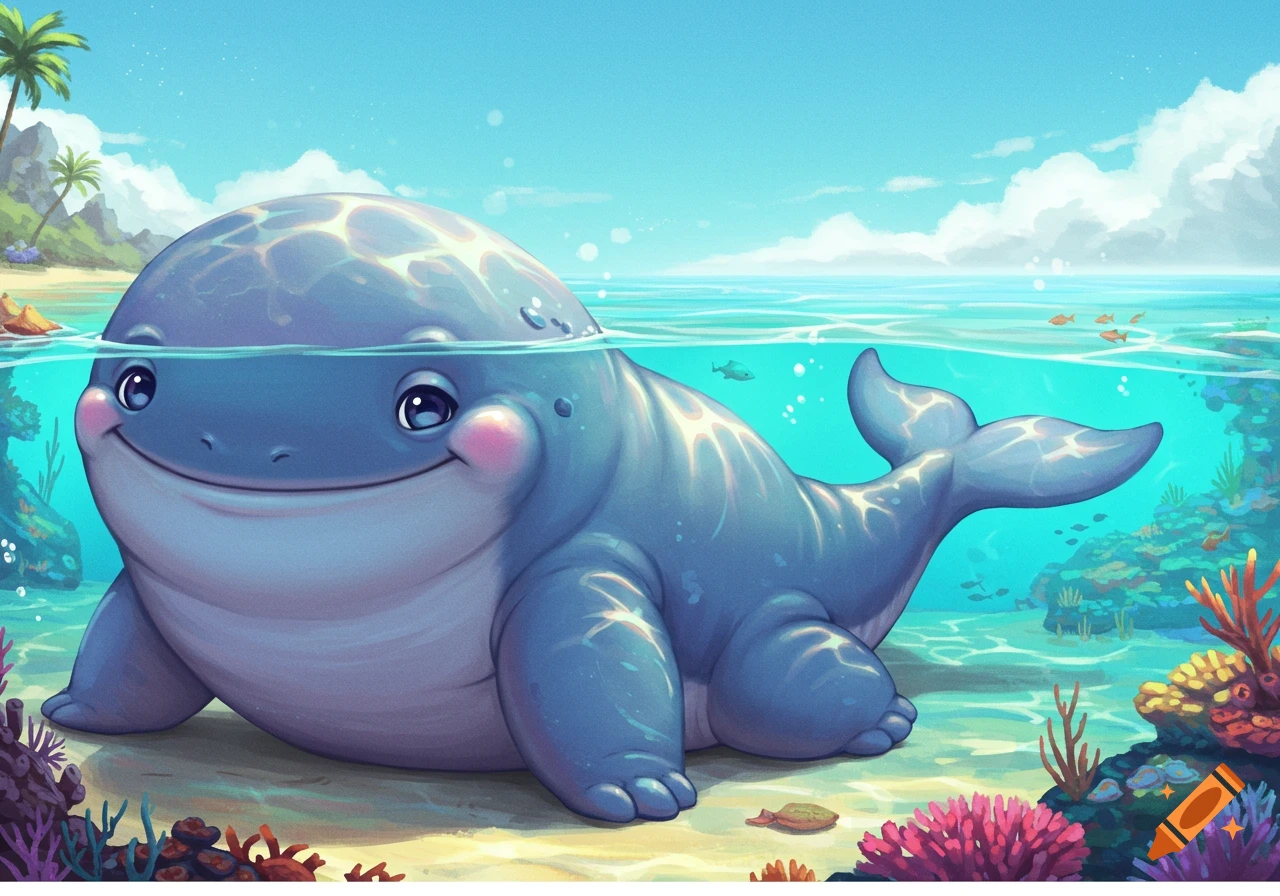 A cute, plump, blue whale-like creature with rosy cheeks smiles, half submerged in clear tropical ocean water with coral.