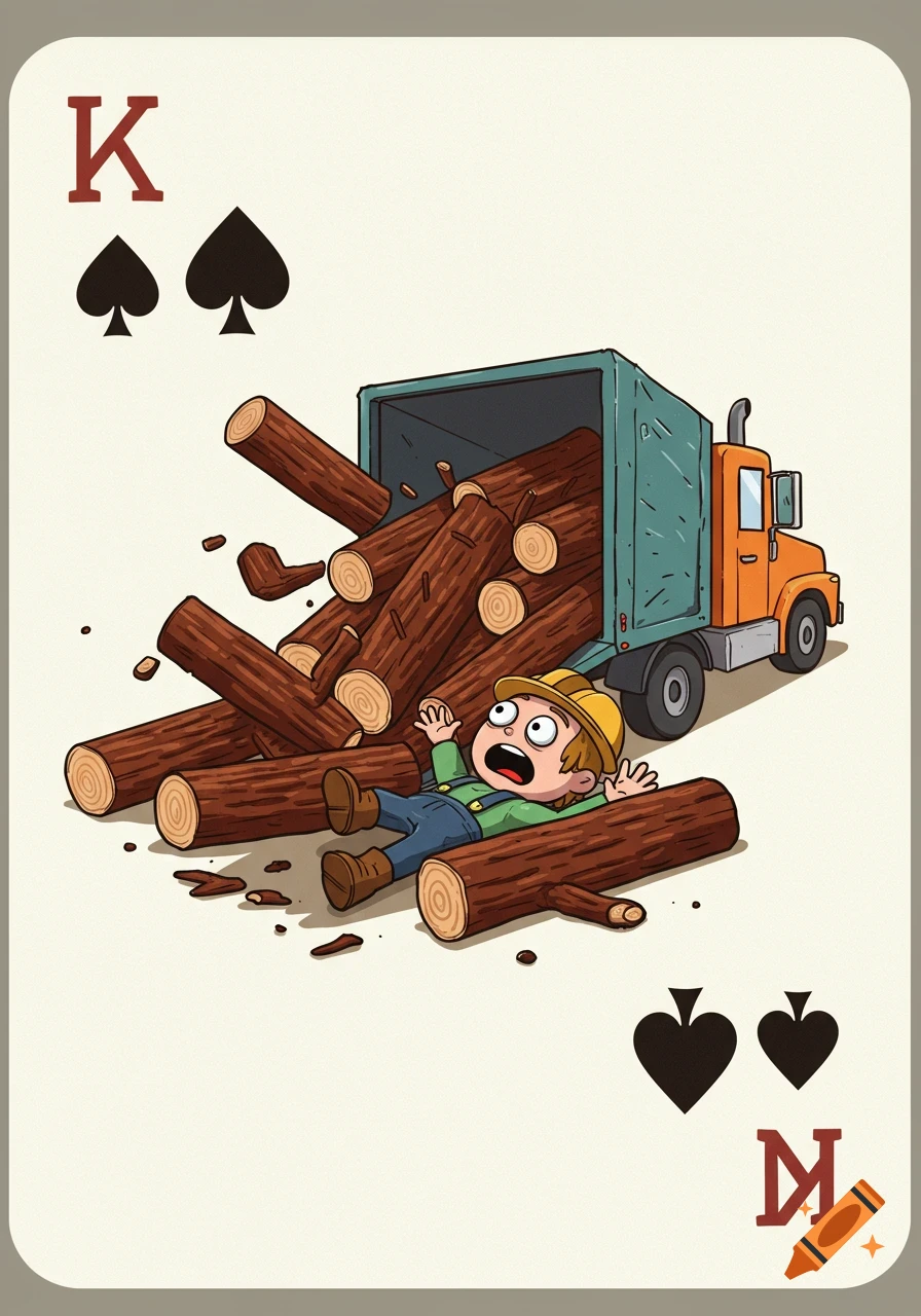 A cartoon playing card, King of Spades, showing a worker crushed by logs falling from a truck.