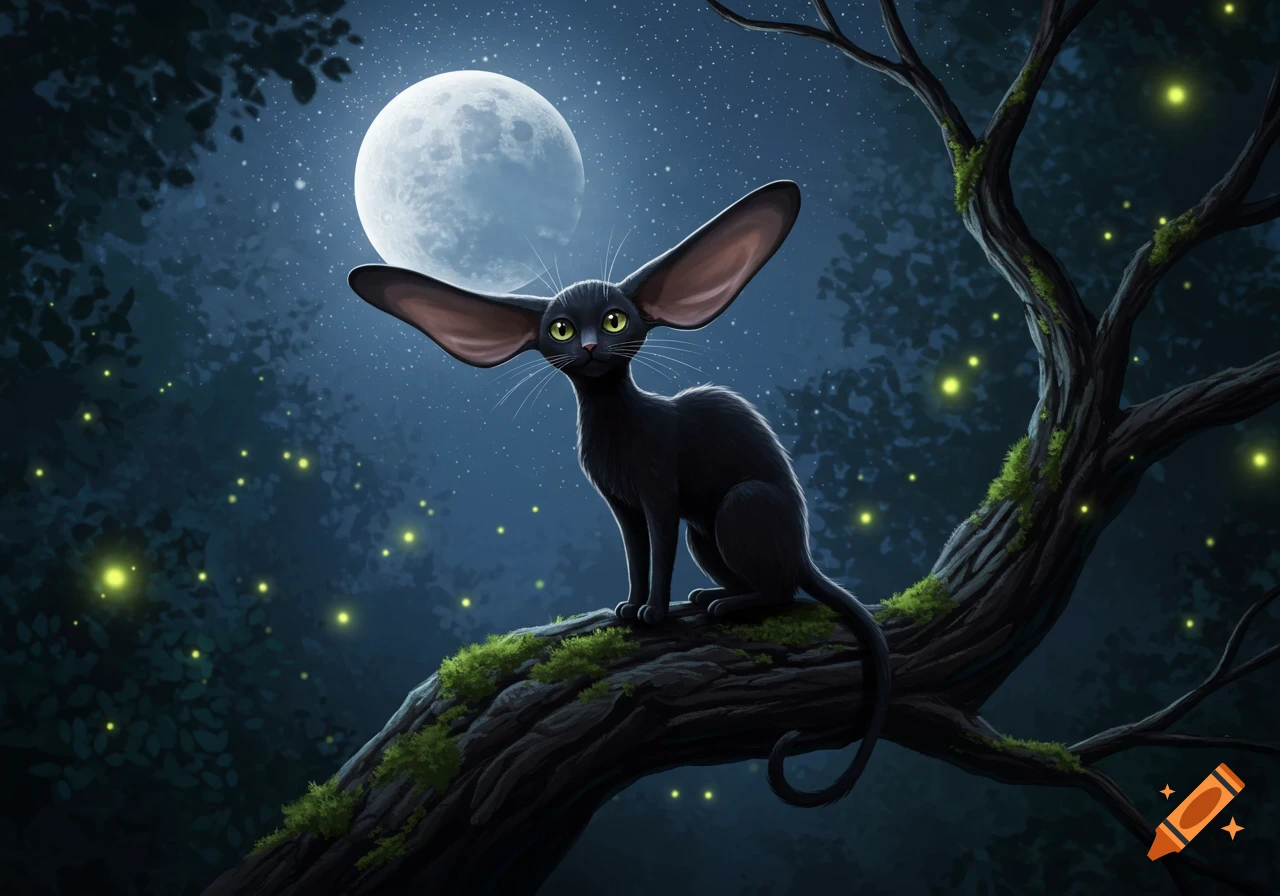 A whimsical black cat with huge ears sits on a mossy tree branch at night under a bright full moon, with glowing fireflies in the background. Illustrated.