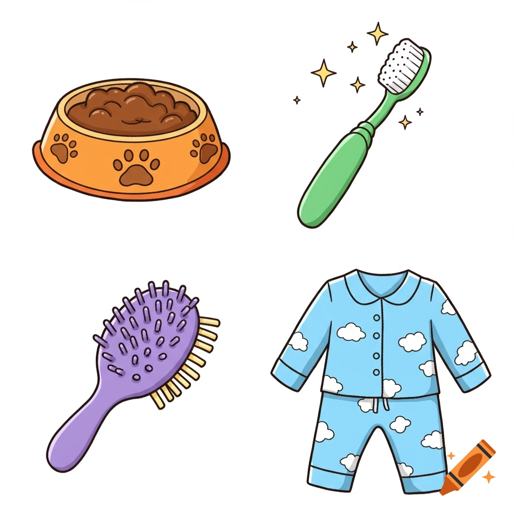 Cartoon icons of a dog food bowl, a sparkling toothbrush, a hairbrush, and cloud-patterned pajamas on a white background.