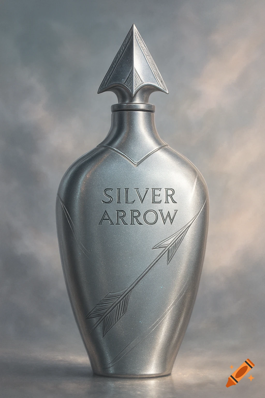 A sleek silver perfume bottle with an arrow-shaped stopper and "SILVER ARROW" embossed on its side, against a cloudy background.