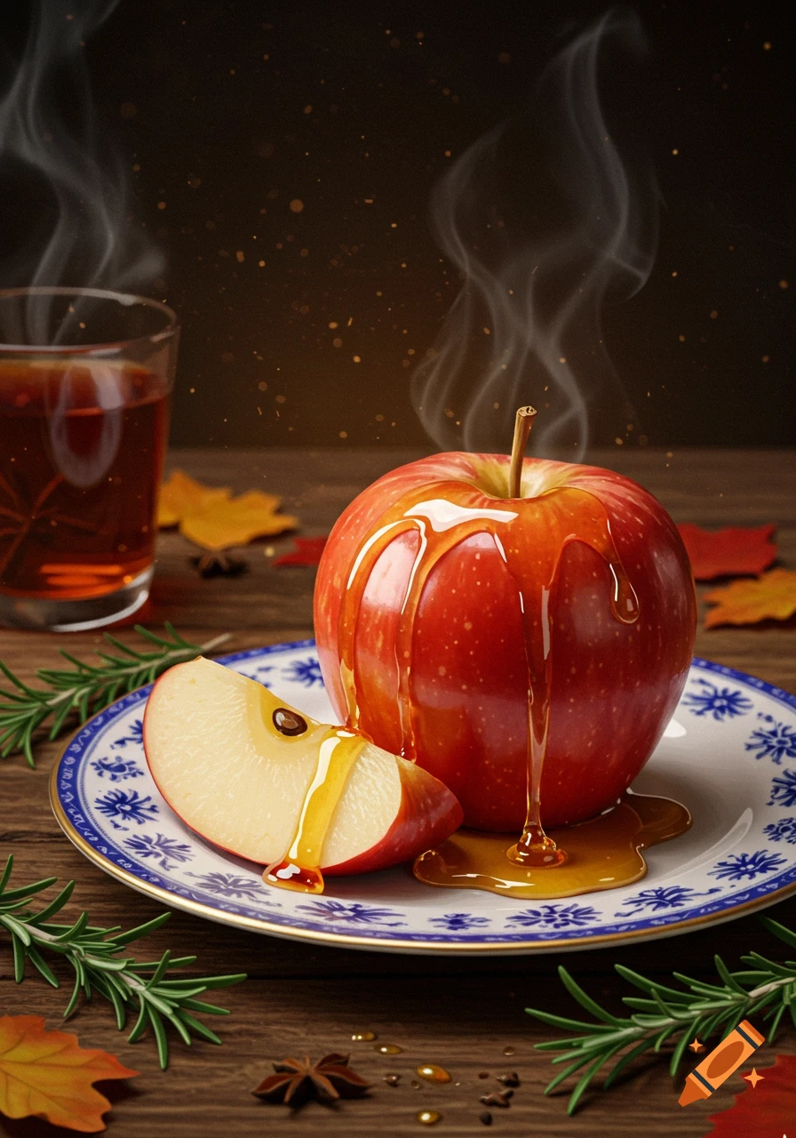 Photorealistic still life of red apples with honey on a blue and white plate, surrounded by autumn leaves, rosemary, and star anise on a wooden table, with a steaming drink in the background.