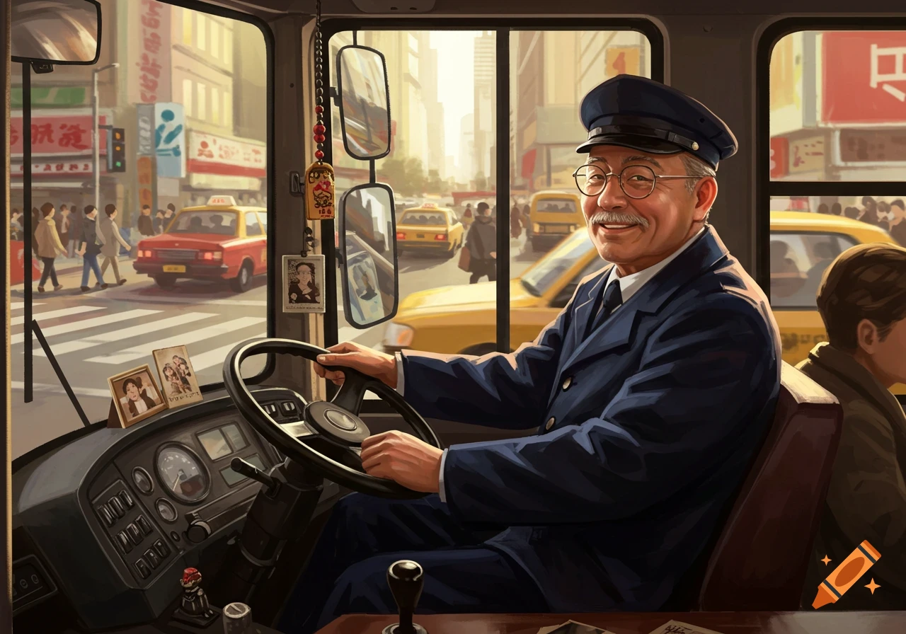 An older male bus driver with a mustache and glasses smiles at the viewer from inside his bus, with a busy city street visible through the windshield.