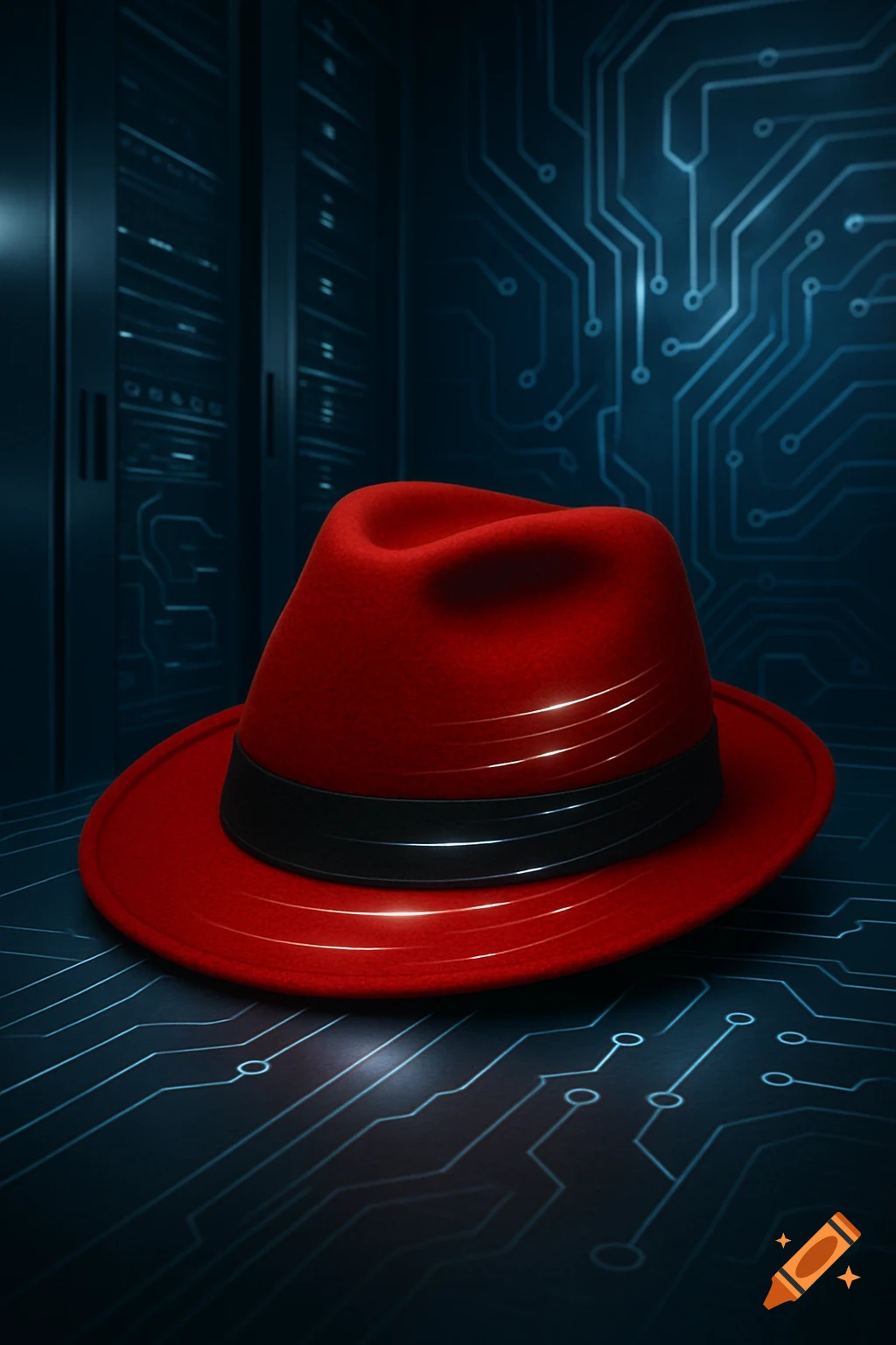 A vibrant red fedora hat with a black band rests on a dark surface patterned with glowing blue circuit lines, against a background of server racks.