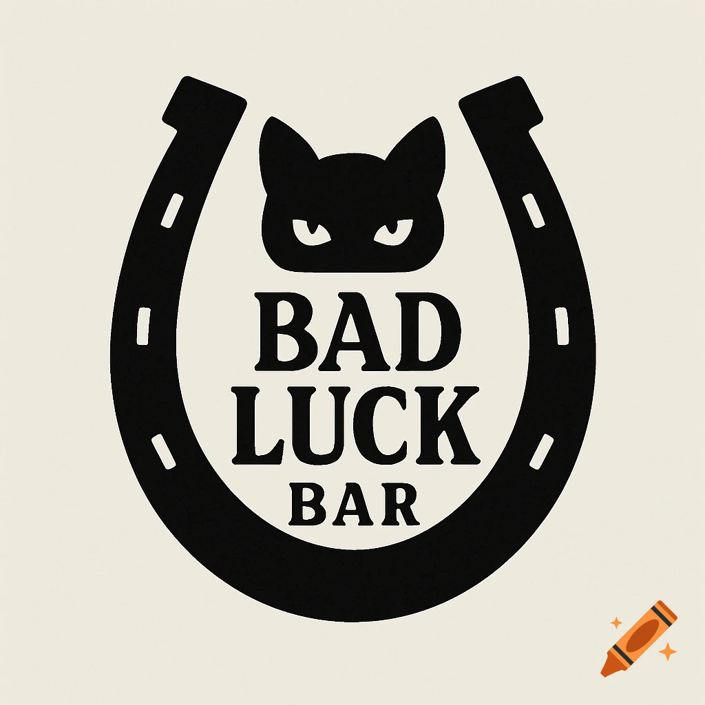 A minimalist black and white logo featuring an upside-down horseshoe with a black cat head and the text "Bad Luck Bar".