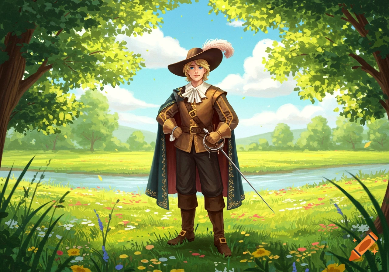 A blond youth dressed as a musketeer with a sword stands in a lush green field by a river.