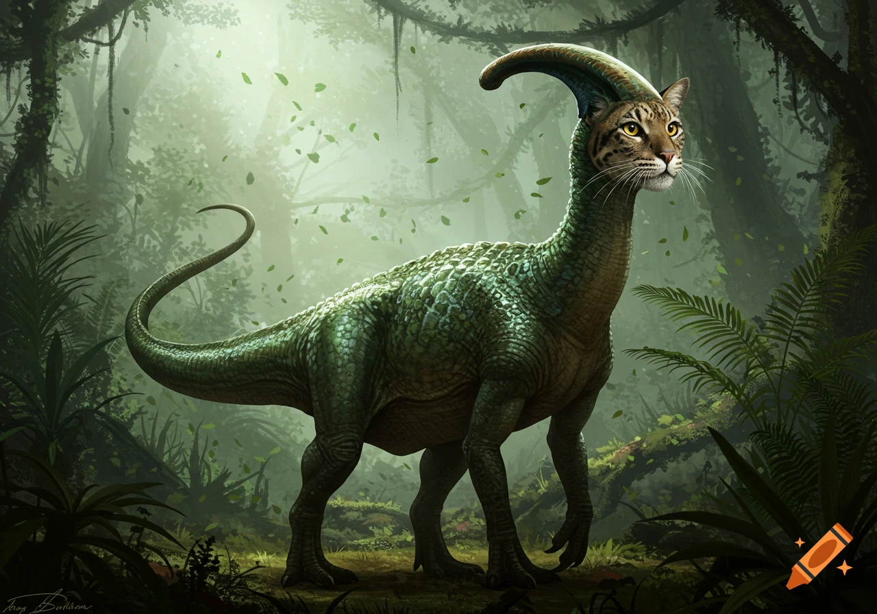 A realistic digital painting of a cat-headed Parasaurolophus dinosaur standing in a misty, green jungle.