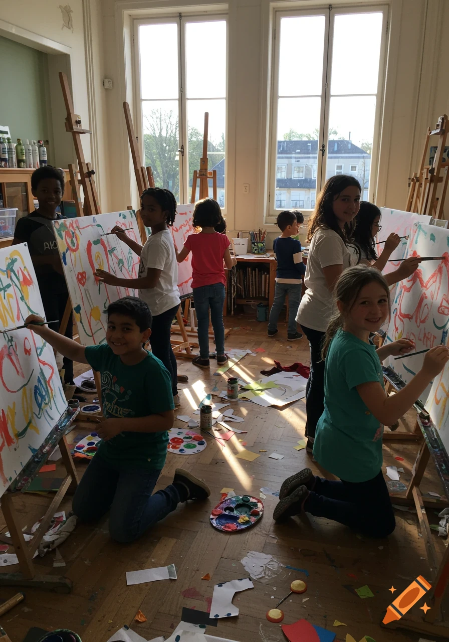 A group of diverse children paint on easels in a sunlit art studio, smiling and creating colorful abstract artwork.
