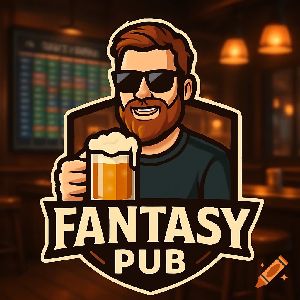 Digital art logo of a bearded man in sunglasses holding a beer mug, with "FANTASY PUB" text, in a pub with a blurred football board.