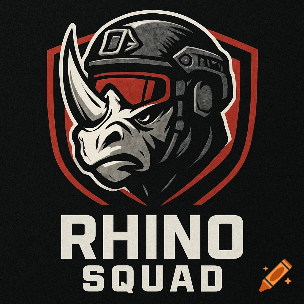 Fierce rhino head in a military helmet with goggles inside a shield emblem, text 'RHINO SQUAD' below. Duotone style.