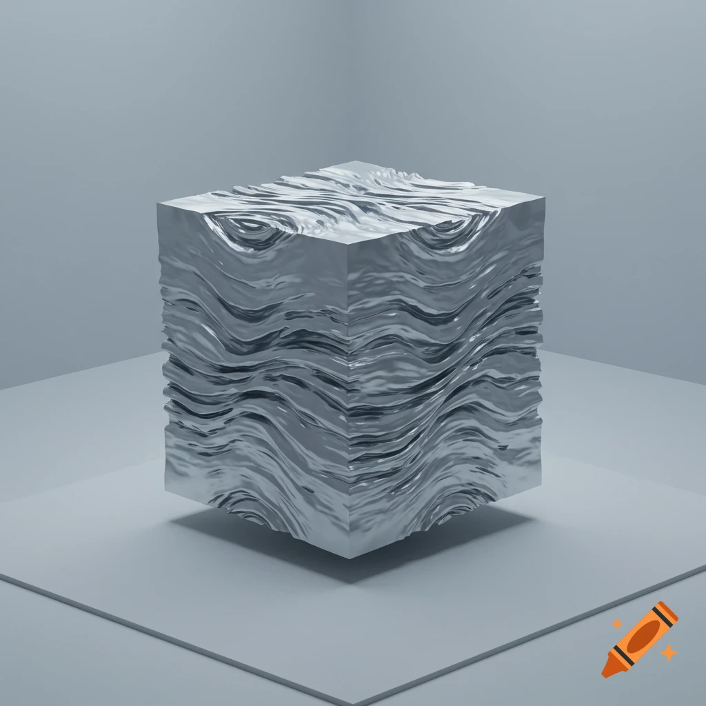 A metallic cube with a rippled, wavy surface, in a minimalist grey setting.
