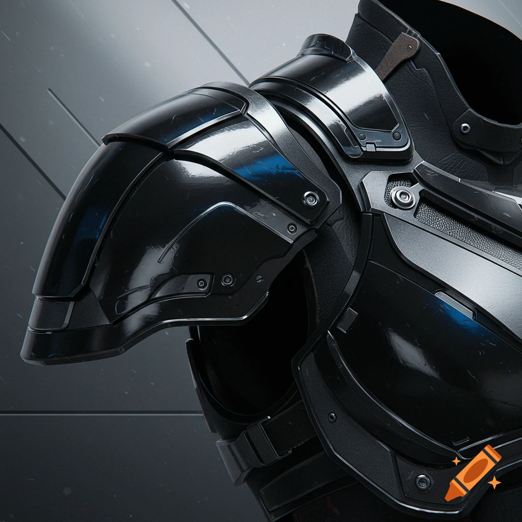 Close-up of a sleek, dark metallic sci-fi shoulder pad and chest plate armor, photorealistic style.