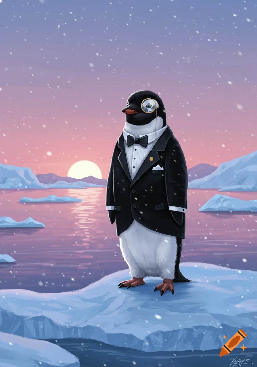 A dapper penguin in a tuxedo and monocle stands on an iceberg in a snowy arctic landscape at sunset.