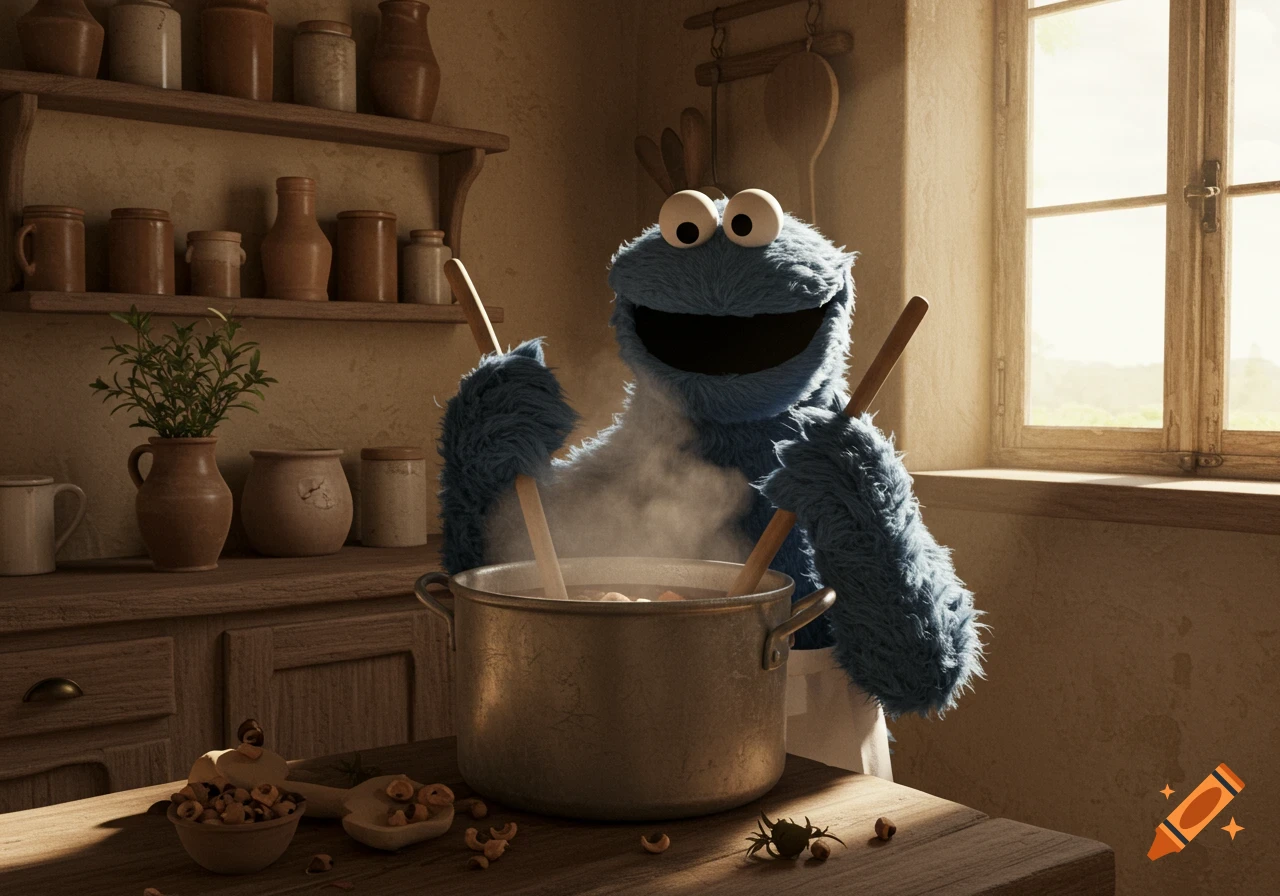 Photorealistic Cookie Monster stirs a steaming pot in a rustic French country kitchen.