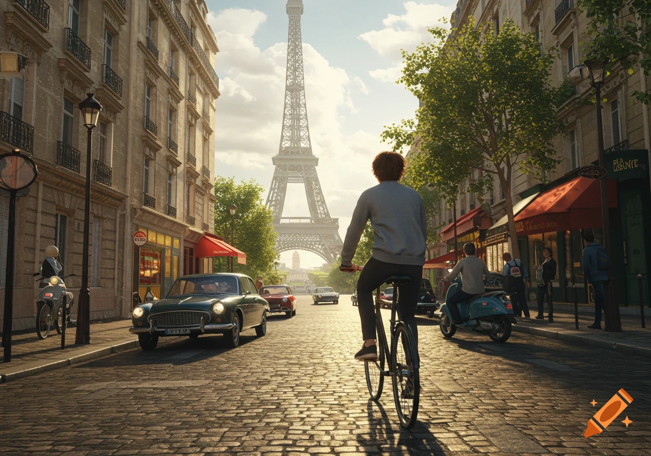 A young man rides a bicycle down a cobblestone street in Paris with the Eiffel Tower in the background, realistic photo style.