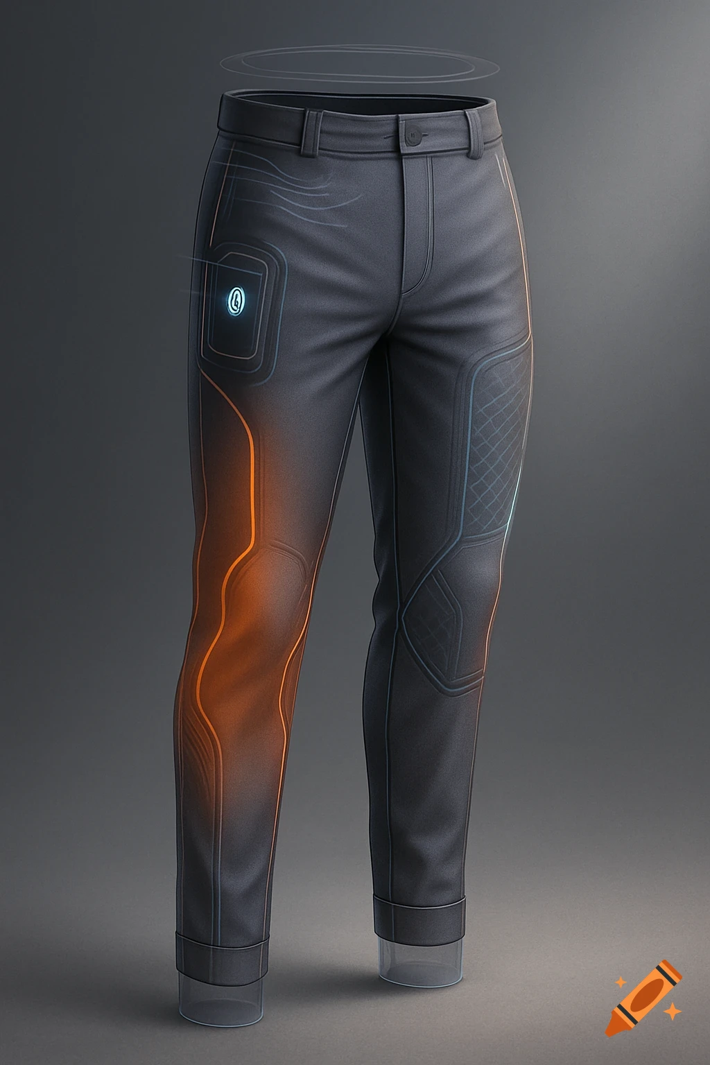 A pair of dark grey futuristic smart trousers with glowing orange and blue tech lines and panels.
