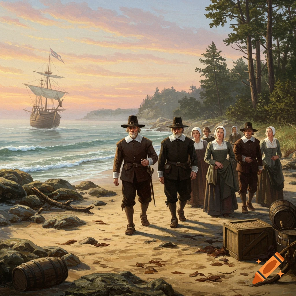 A group of Pilgrims in historical attire walking on a sandy beach after disembarking from a ship at sunset.