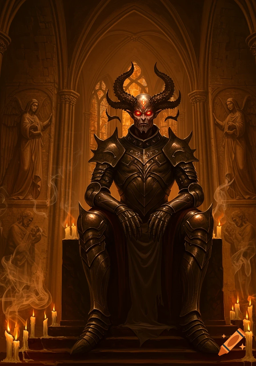 Armored, horned demon with glowing red eyes sits on a throne in a gothic chamber with candles and angelic statues.