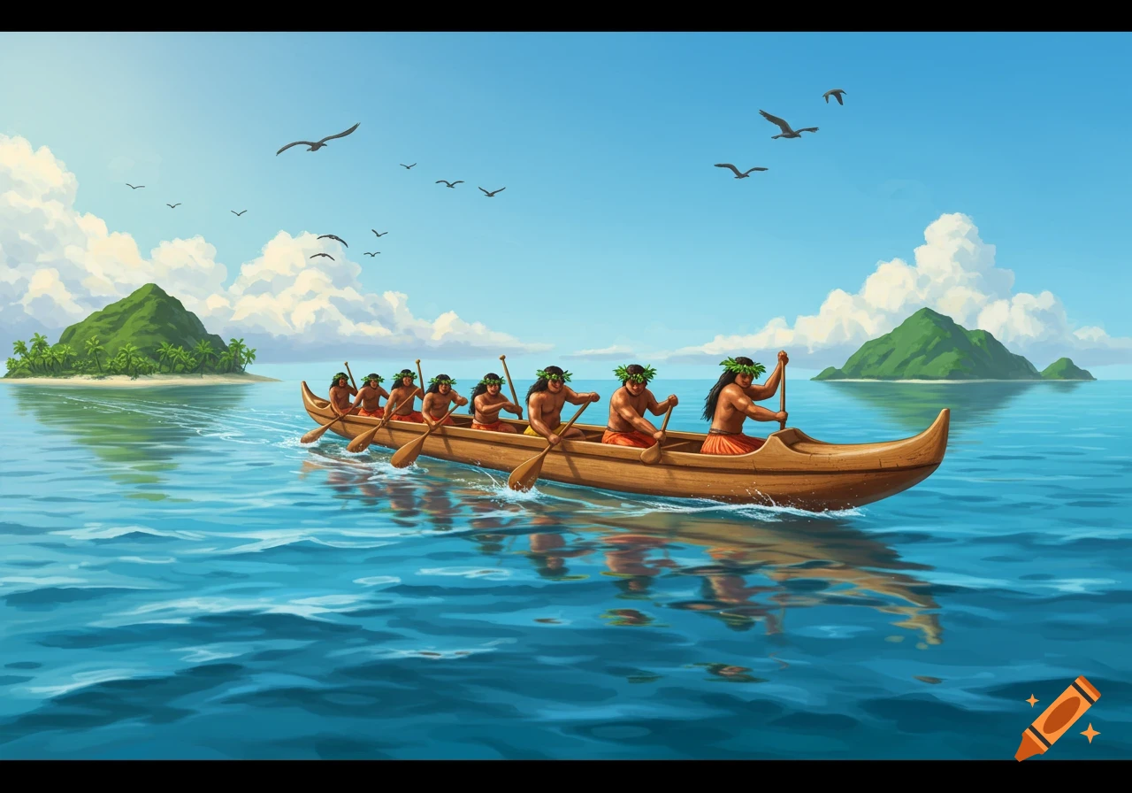 A traditional Polynesian double-hulled canoe with six paddlers on blue water, passing by tropical islands under a clear sky.
