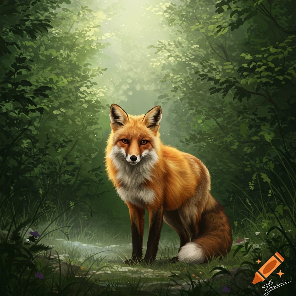 Digital painting of a red fox standing alertly in a sun-dappled green forest.