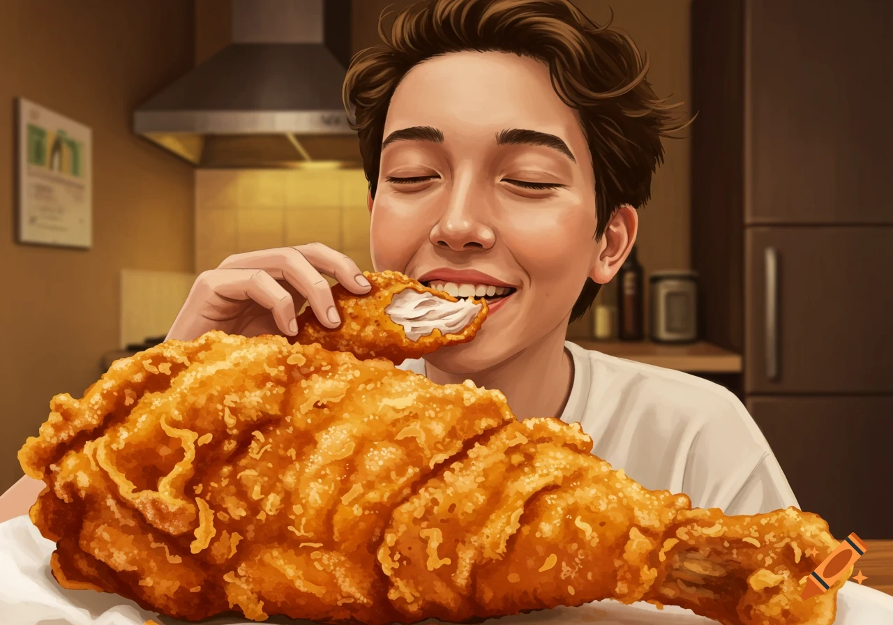 An illustration of a young person with closed eyes happily biting into a huge piece of golden fried chicken in a kitchen.