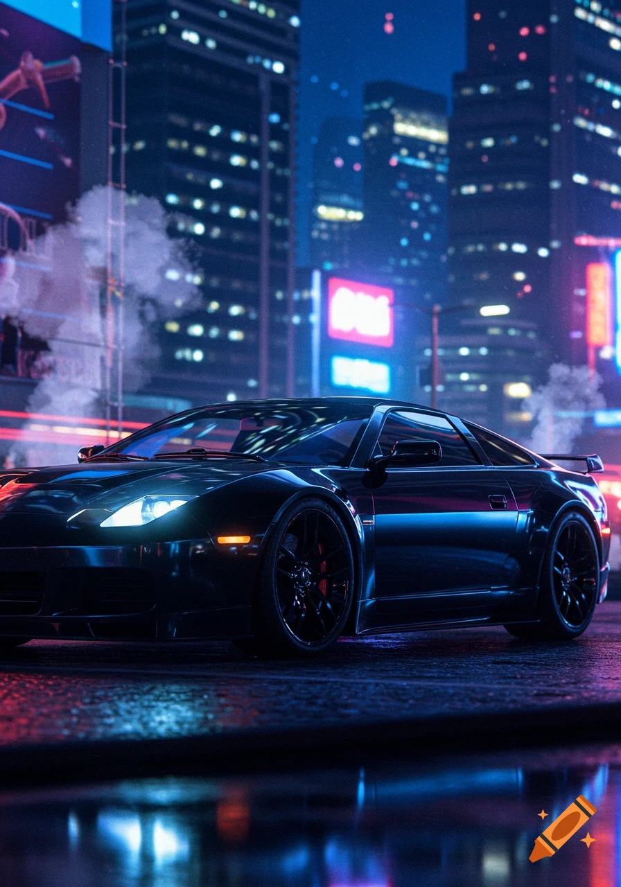 Sleek black sports car on a wet city street at night, illuminated by neon lights and reflections in a cyberpunk style.