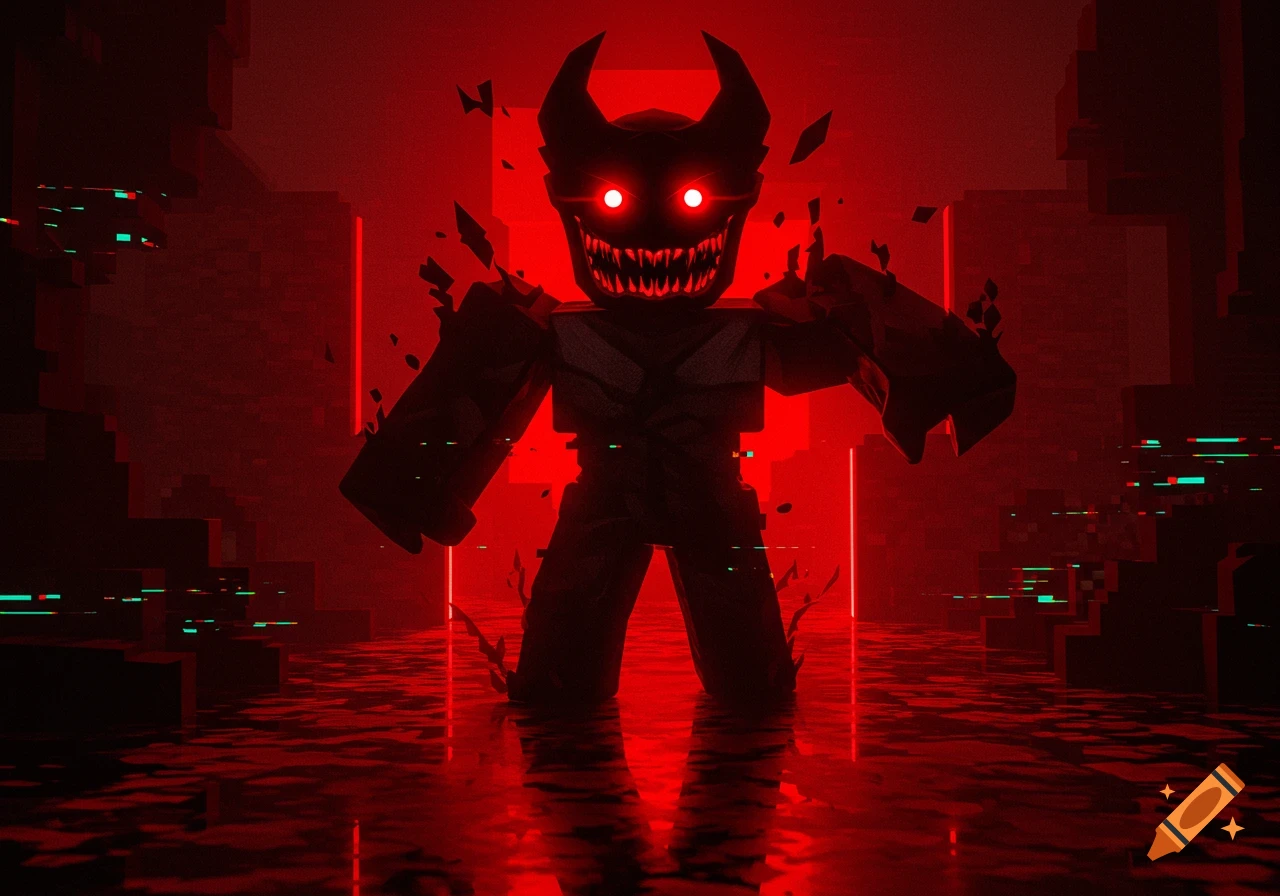A menacing, dark, blocky monster with glowing red eyes and sharp teeth stands in a red, glitchy, water-covered room.