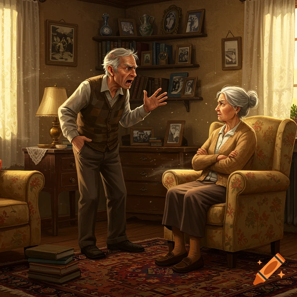 An angry elderly man shouts at an elderly woman with crossed arms, seated in an armchair in a detailed, realistic domestic scene.