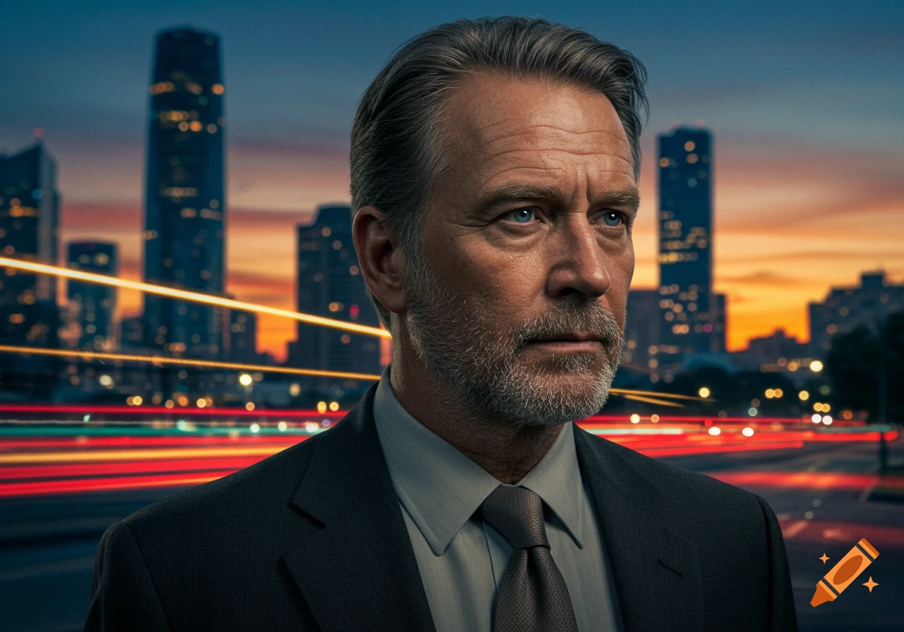 Photorealistic portrait of a serious-looking man with a beard and suit, with a city skyline at dusk and light trails in the background.