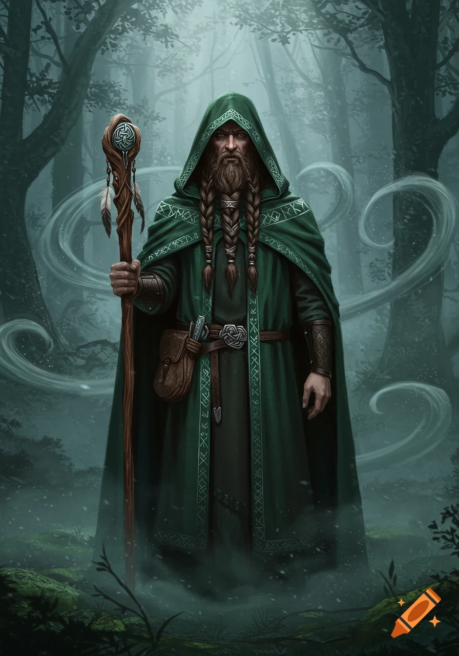 A bearded man in a green hooded cloak and braids stands in a mystical forest, holding a staff with Celtic knot designs.