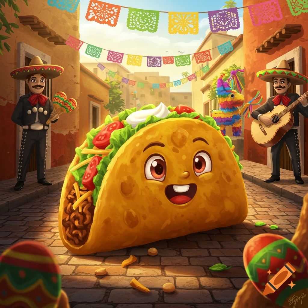 A cheerful cartoon taco stands in a vibrant Mexican street scene with mariachi musicians, colorful banners, and a pi ata.