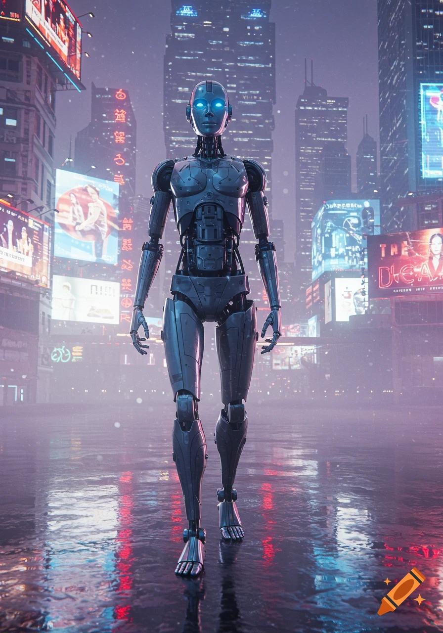 A metallic humanoid robot with glowing blue eyes walks through a rainy, neon-lit futuristic city at night.