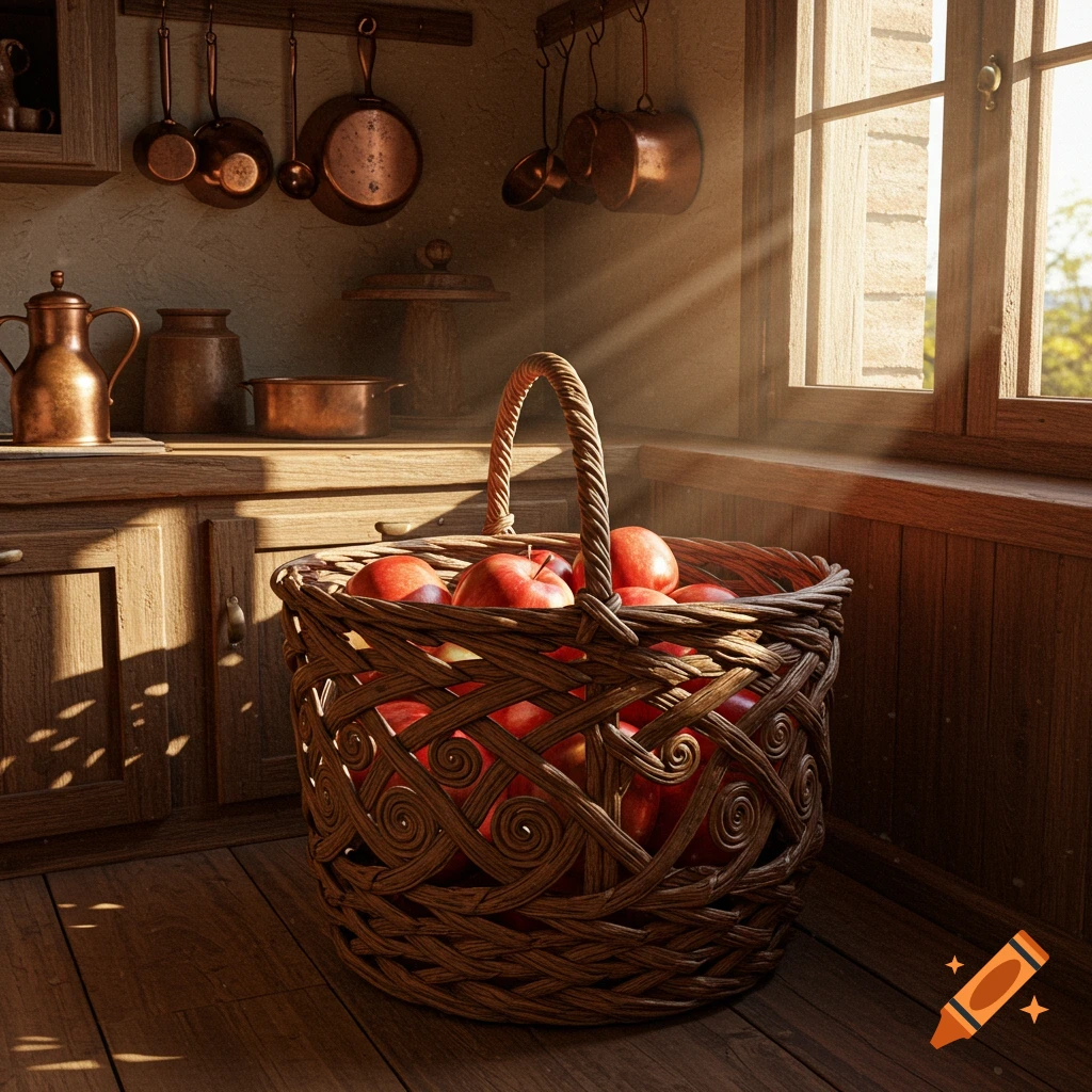 A rustic kitchen scene with a wicker basket full of red apples on a wooden floor, bathed in sunlight from a window.