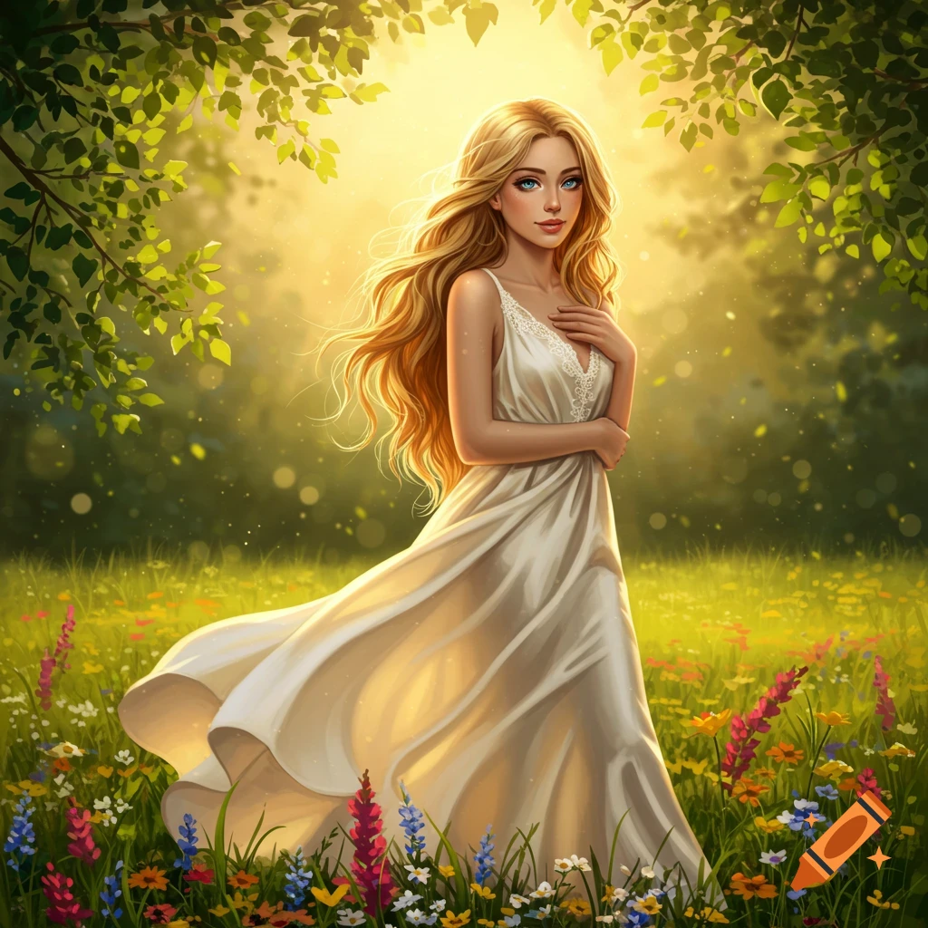 A beautiful woman with long blonde hair in a white dress stands in a vibrant field of wildflowers bathed in golden sunlight.