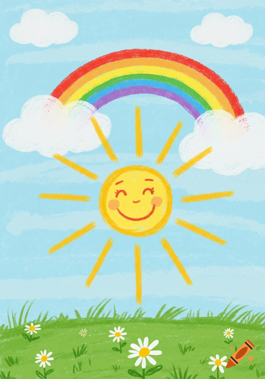 A vibrant, childlike illustration of a smiling sun, a rainbow, and white clouds above a green field with daisies.