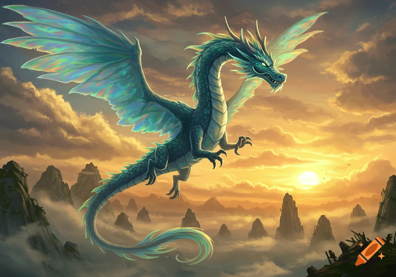 A majestic teal dragon with shimmering iridescent wings soars above misty, jagged mountains during a vibrant sunset, digital painting.