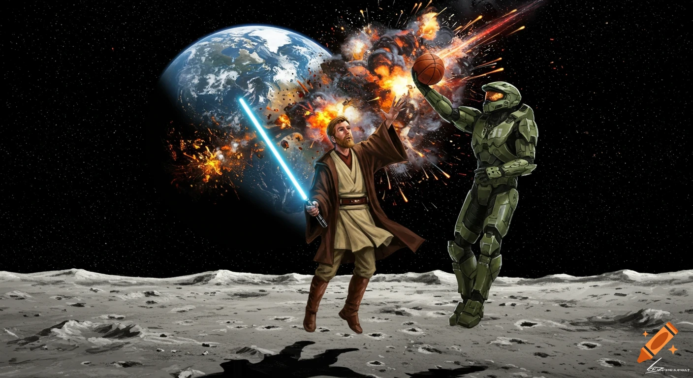 Obi-Wan Kenobi and Master Chief play basketball on the moon with a blue lightsaber, as Earth explodes in the background.
